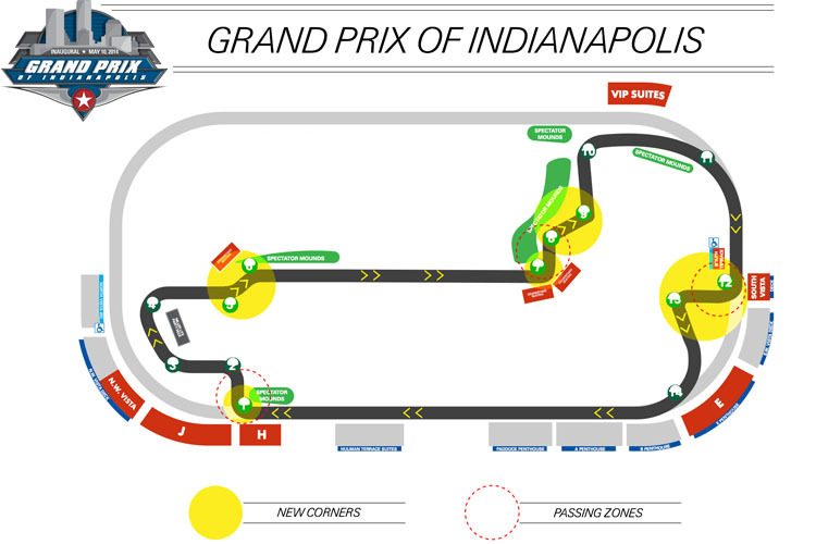 Neue Streckenführung im Infield: Grafik für den Grand Prix of Indianapolis der Indycars, Kurvennummerierung im Uhrzeigersinn, gelbe Punkte zeigen umgebaute Passagen an