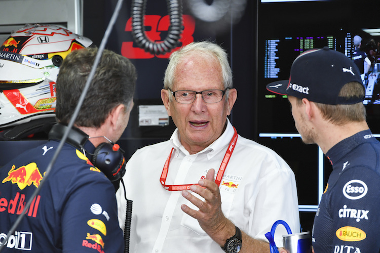Dr. Helmut Marko 2019 in Hockenheim mit Red Bull Racing-Teamchef Christian Horner (links) und Max Verstappen