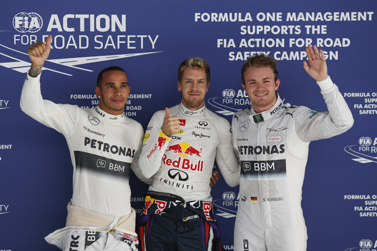 Die schnellsten Drei in Indien: Hamilton (Dritter), Vettel (Pole), Rosberg (Zweiter)
