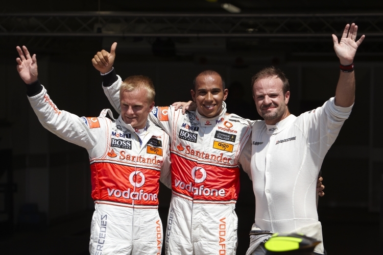 Heikki Kovalainen, Lewis Hamilton und Rubens Barrichello