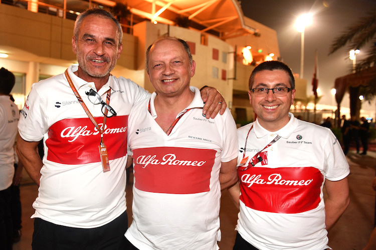 Sauber-Designer Luca Furbatto (rechts) mit Team-Manager Beat Zehnder und Teamchef Fred Vasseur