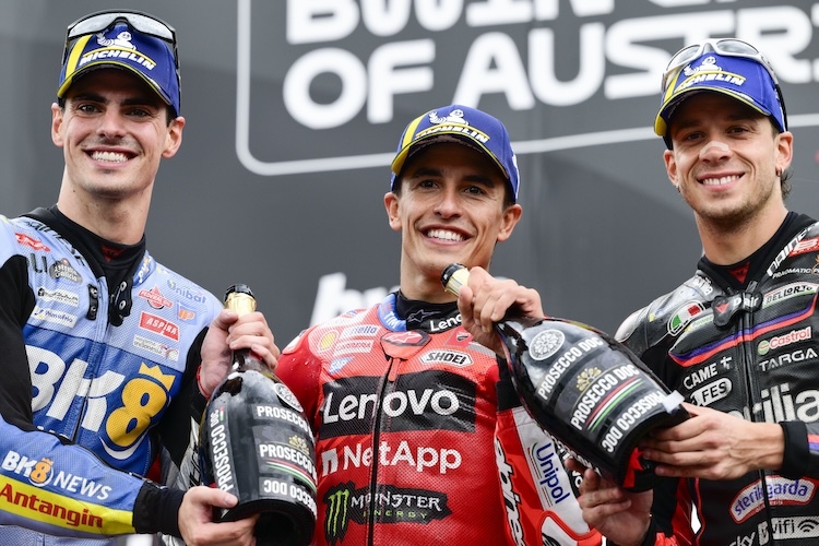 Die Top-3 im Grand Prix der Königsklasse: Marc Marquez, Fermin Aldeguer und Marco Bezzecchi