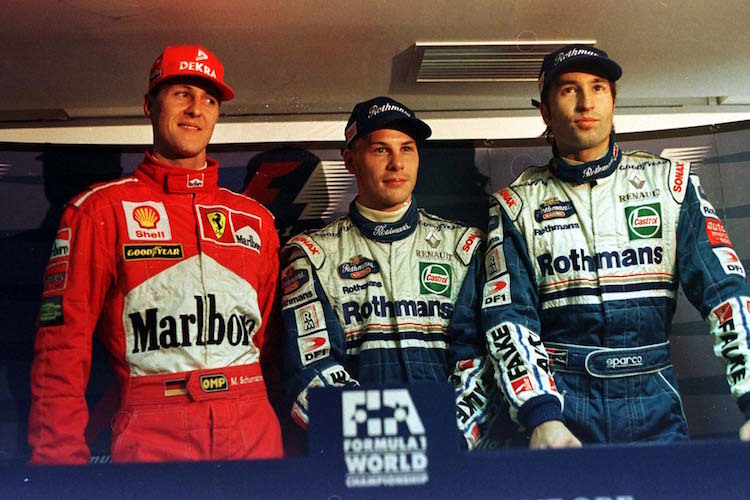 Michael Schumacher, Jacques Villeneuve und Heinz-Harald Frentzen in Jerez 1997