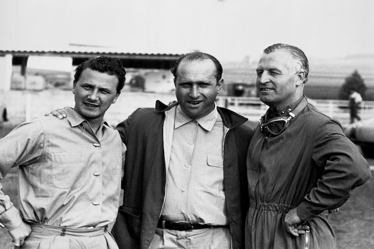 Hans Herrmann, Juan Manuel Fangio und Karl Kling in Reims 1954