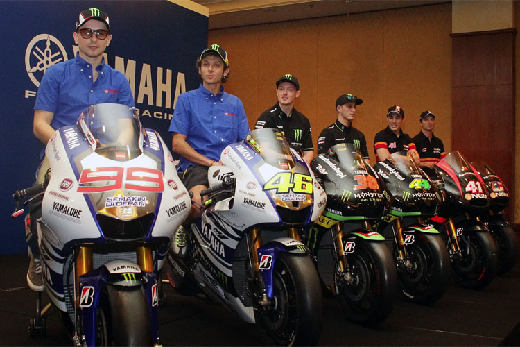 Sechs für Yamaha: Lorenzo, Rossi, Smith, Pol Espargaró, Aleix Espargaró und Edwards (v. li.)