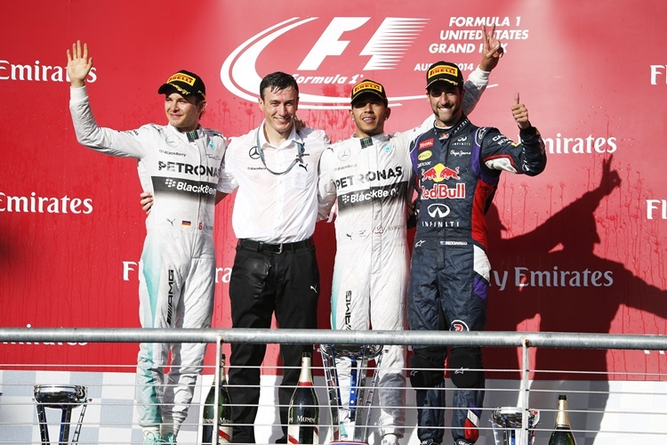 Die Top 3 von Austin . Sieger Lewis Hamilton, Nico Rosberg und Daniel Ricciardo