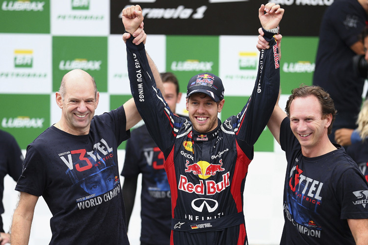 Adrian Newey, Sebastian Vettel und Christian Horner: Drei WM-Titel