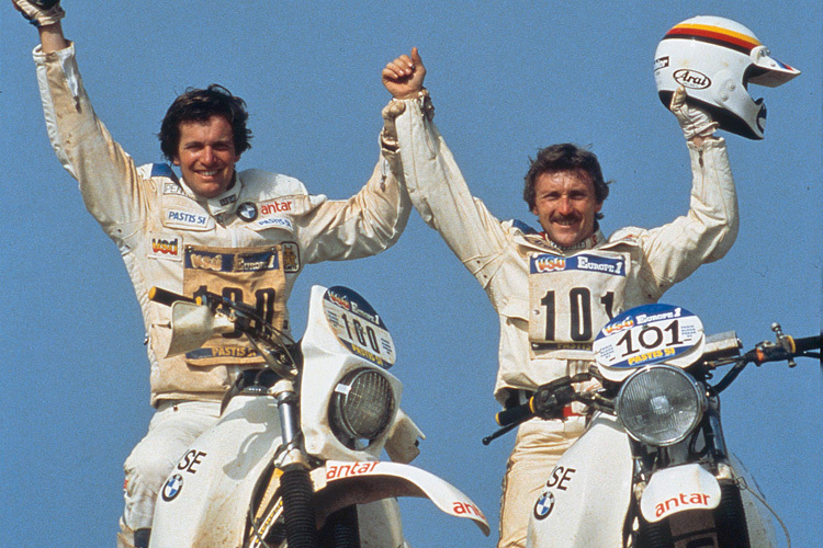 Hubert Auriol (li.) und Gaston Rahier sorgten 1984 und ’85 für BMW-Sternstunden
