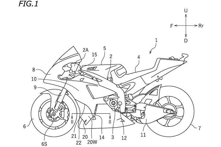 Patentzeichnung von Yamaha, 20W markiert den ohne Details skizzierten Downwash Duct