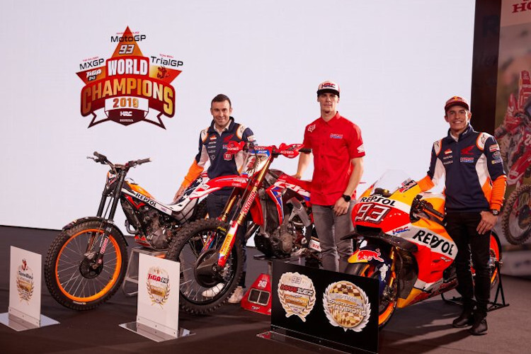 2019 Weltmeister für Honda: Toni Bou (TrialGP), Tim Gajser (MXGP) und Marc Márquez (MotoGP)