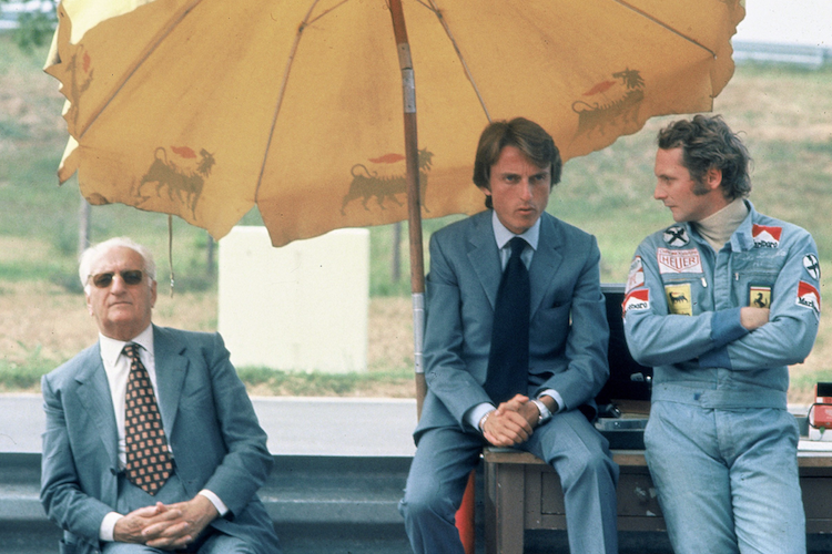 Enzo Ferrari, Luca Montezemolo und Niki Lauda 1974