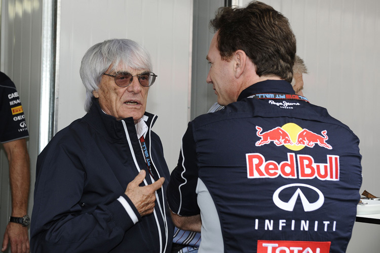 Beim Thema Budgetdeckel sind sich Bernie Ecclestone (li.) und Red Bull Racing-Teamchef Christian Horner nicht einig