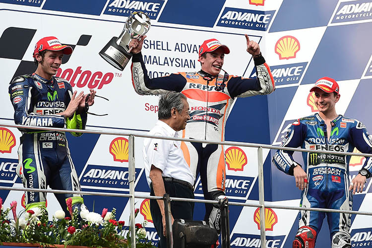 2014 siegte Marc Márquez in Malaysia vor Valentino Rossi und Jorge Lorenzo