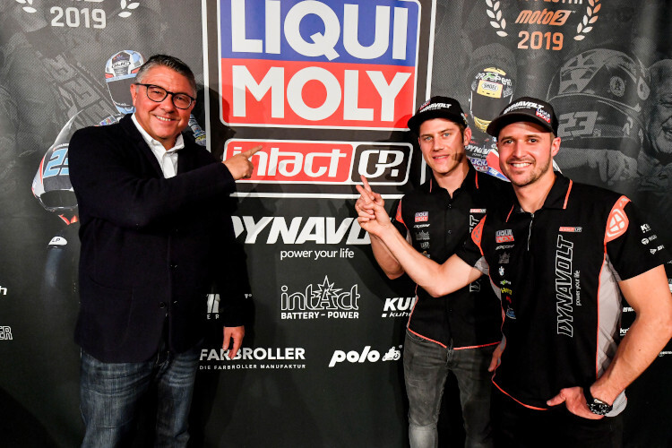 Peter Baumann (Liqui Moly) mit den Intact-GP-Stars Marcel Schrötter und Tom Lüthi